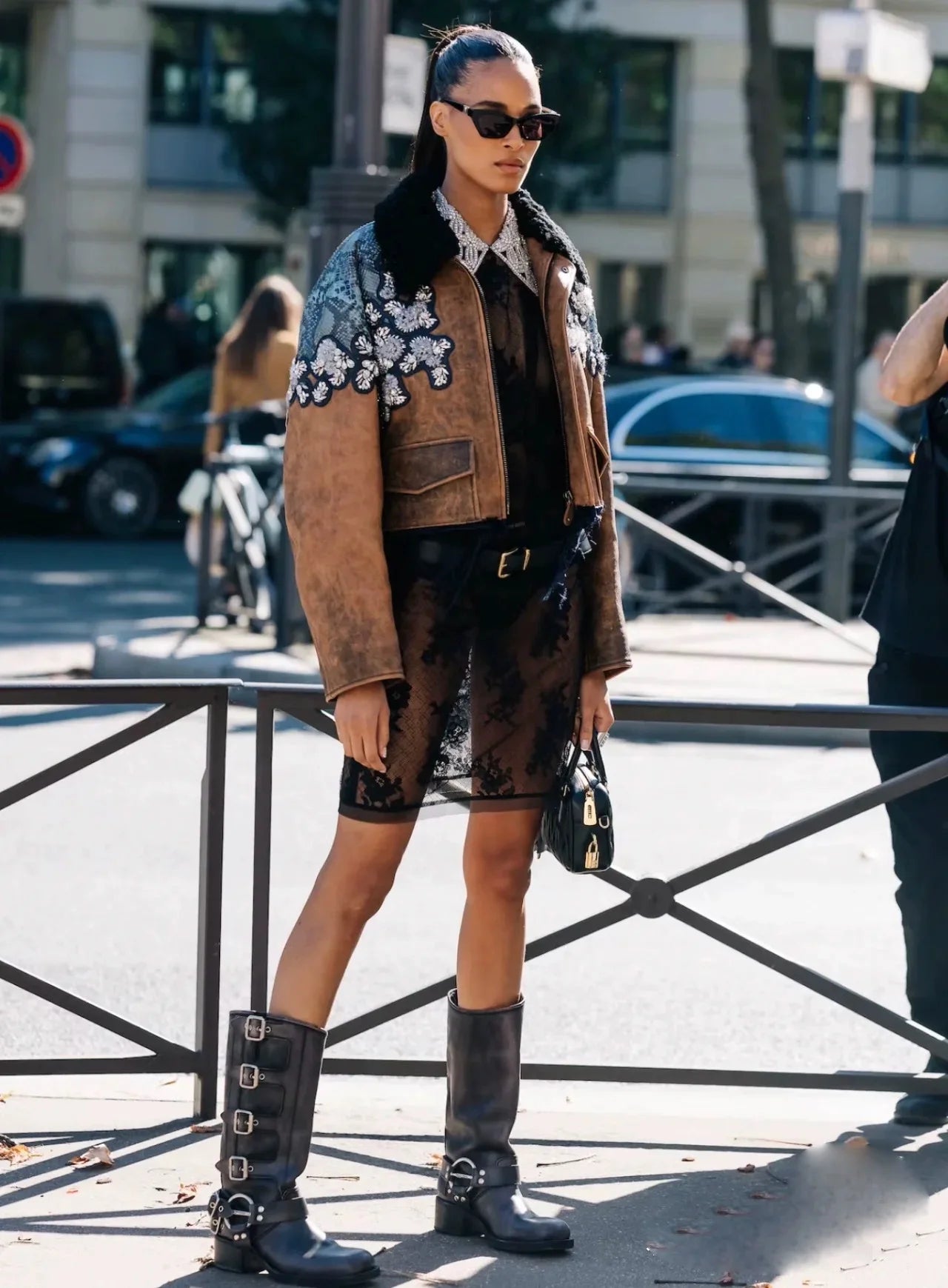 Arden Furtado 2025 Genuine Leather Platform Rivet Motorcycle boots Round toe Belt buckle Block heel mid wide calf Western boots