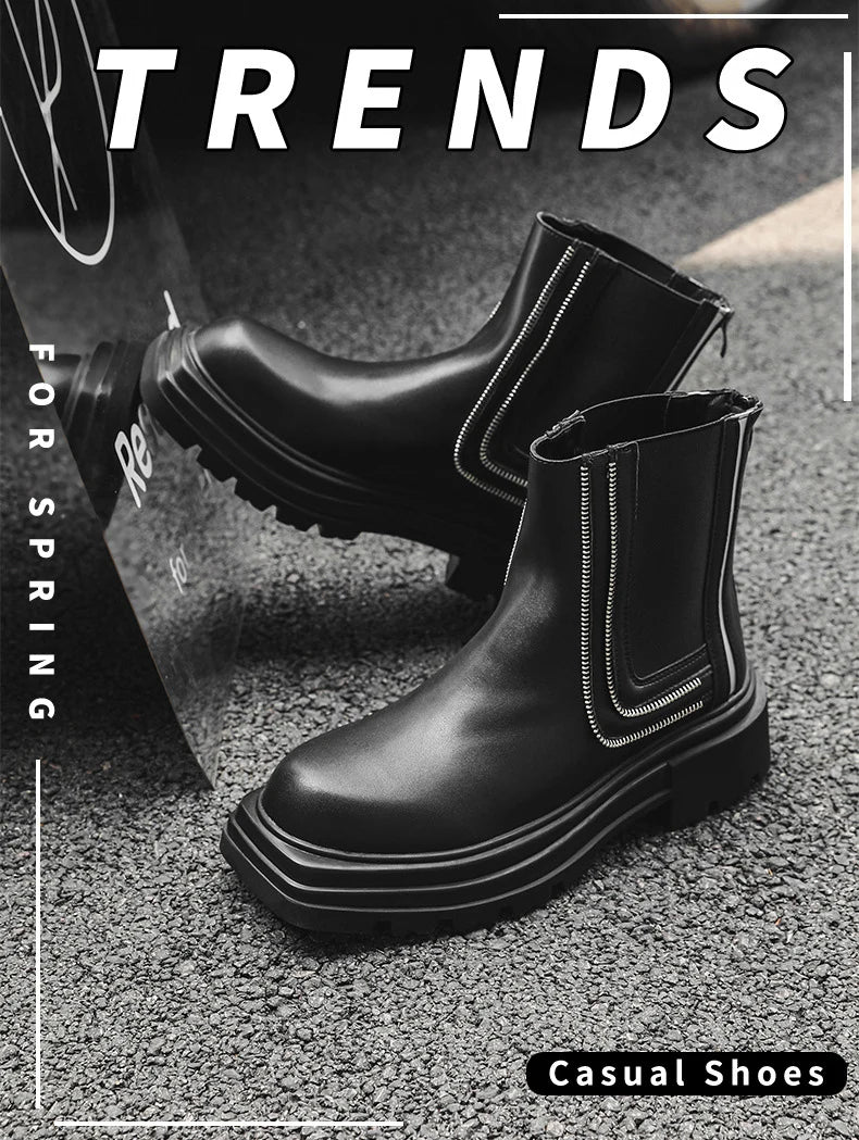 men's fashion punk rock high chelsea boots designer platform shoes cowboy original leather boot square toe long motorcycle botas