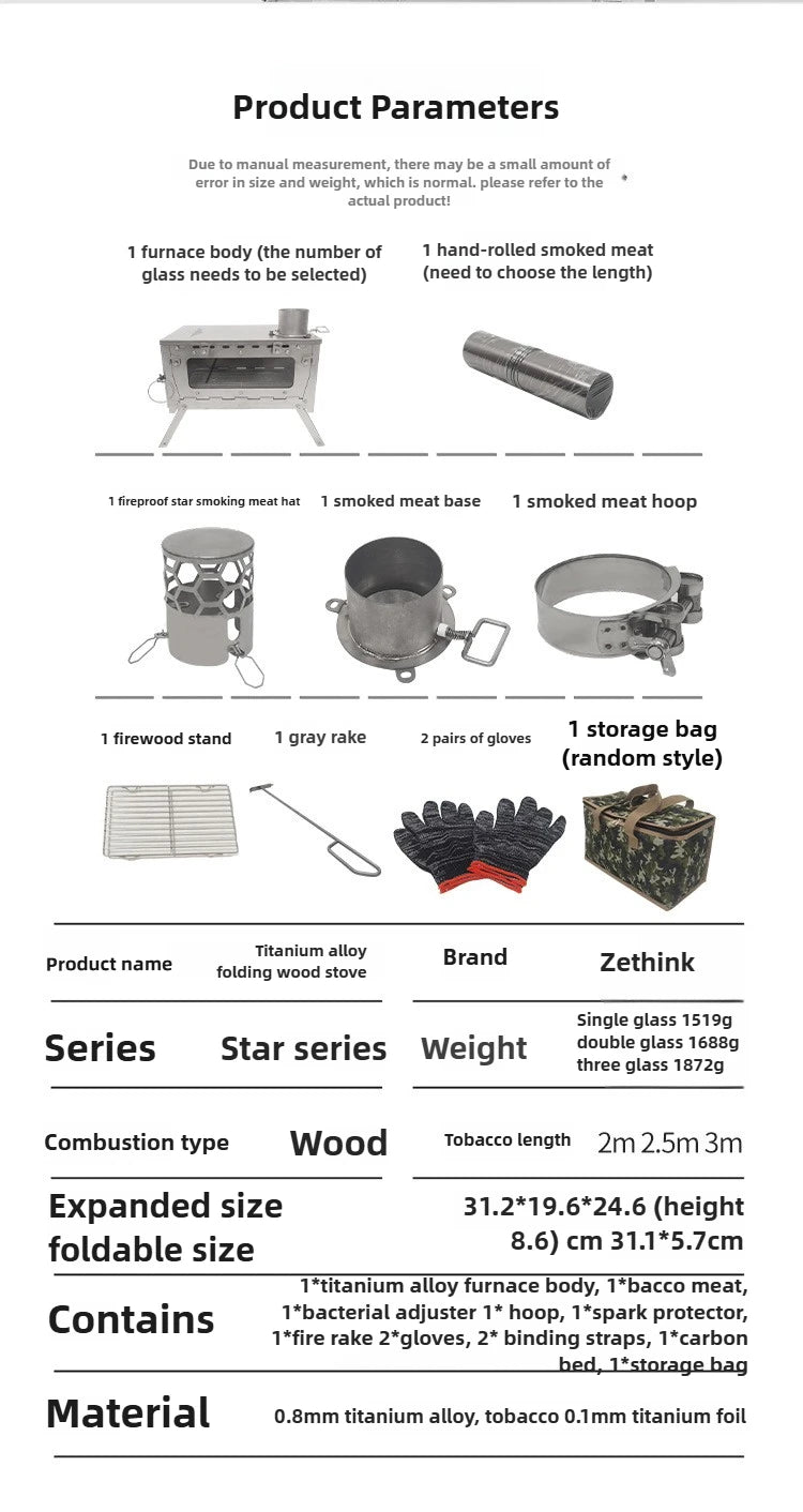 Titanium Alloy Glass Removable Portable Folding Wild Cooking Stove with Chimney Outdoor Stove Tools for Camping Hiking