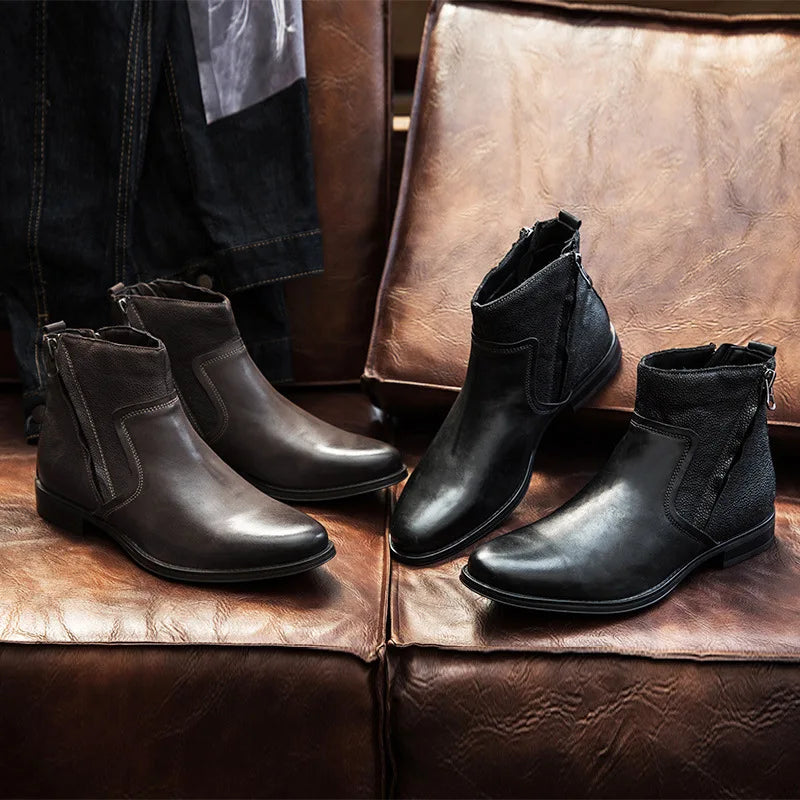 2026 Spring Autumn Ankle Boots Fashion Male Cow Genuine Leather Shoes Dual Zip Leisure Leather Boots Motorcycle Shoes Boys A049