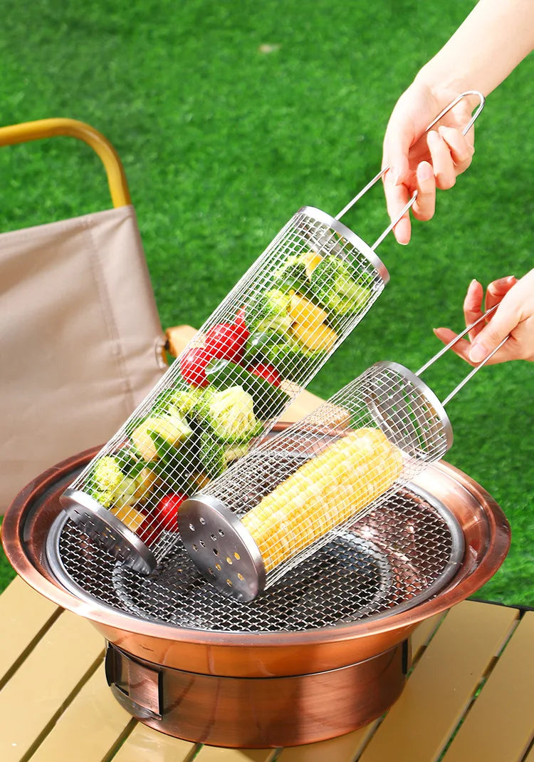 304 Stainless Steel Barbecue Cylindrical Mesh Grill Basket, Picnic Barbecue Supplies, Smoked Barbecue Rolling Cylinder