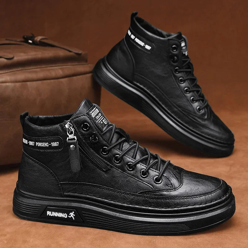 Leather Boots for Men Zipper Man Sneakers Fashion Ankle Boots High Top Man Boots Solid Sports Shoes 2024 Trend Motorcycle Boot