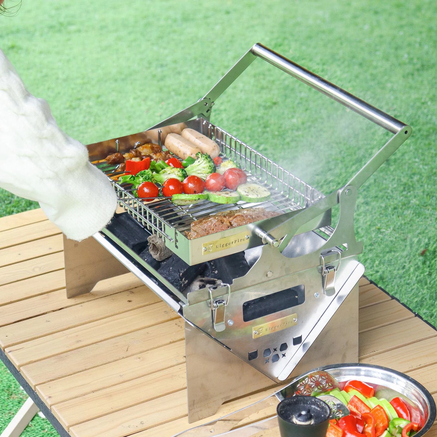 New Upgrad Stainless Steel Grill Portable 360°Rotating Charcoal Grill with Flipping Basket