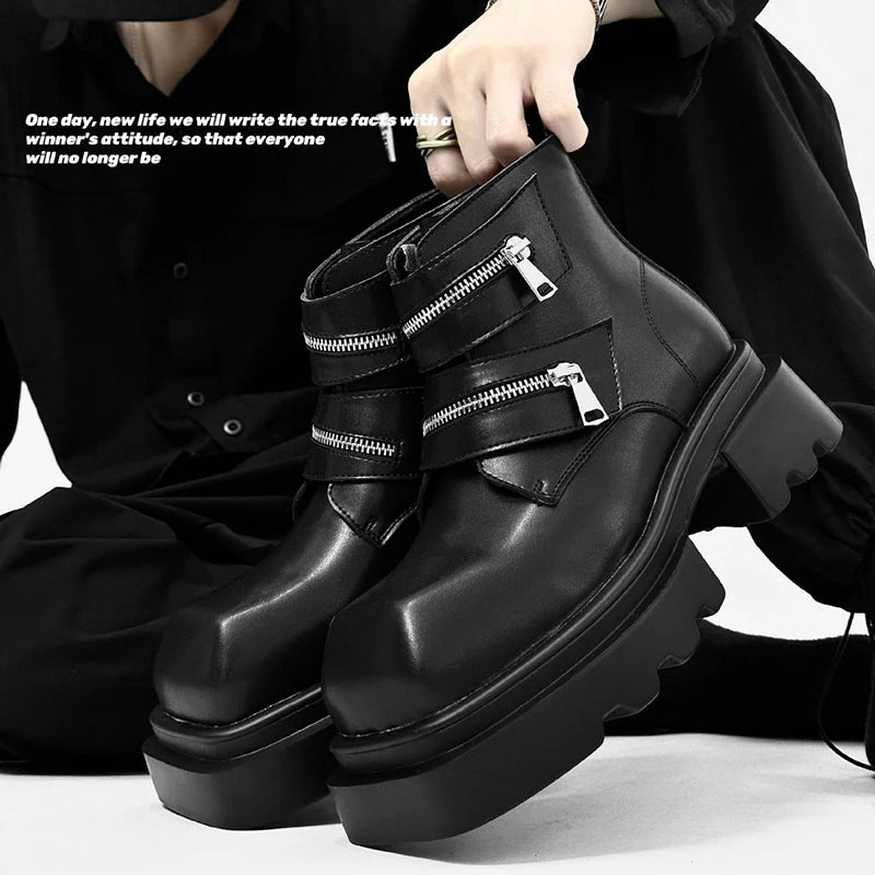 men fashion punk hip hop platform boots brand designer shoes cowboy original leather boot stylish square toe motorcycle botas