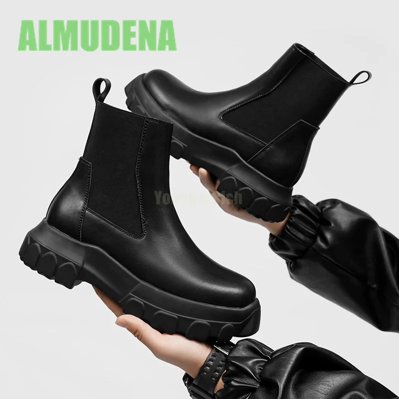 Thick Soled Chelsea Boots Men's Trendy High Top Boots Retro Handsome Motorcycle Boots Versatile Ankle Boots and Short Boots