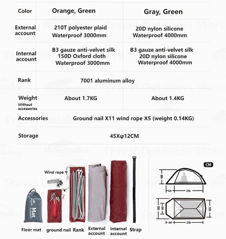Naturehike Cloud Up Hiking Tent 210T/20D Silicone Double Layer 2 People Tent Ultralight Portable Aluminum Pole Camping Tent