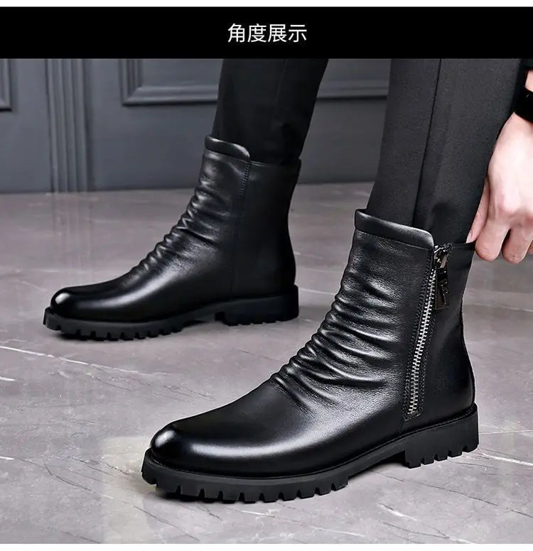 Ankle Boots Mens Split Soft Leather Mid Top Winter Vintage Plush Warm Soft Leather High Top British Side Zipper Chelsea Boots