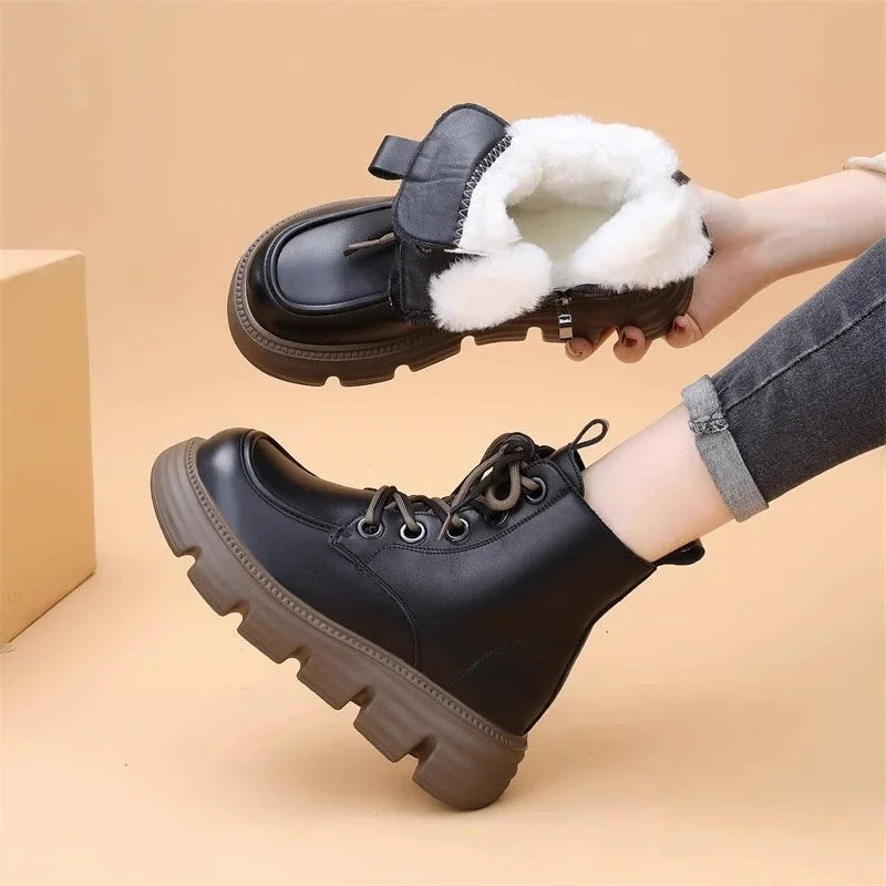 Women's Boots Winter New Fur Snow Boots Platform Plush Comfortable Anti Slip Warm Lace Up Cold Proof Cotton Ankle Boots Women