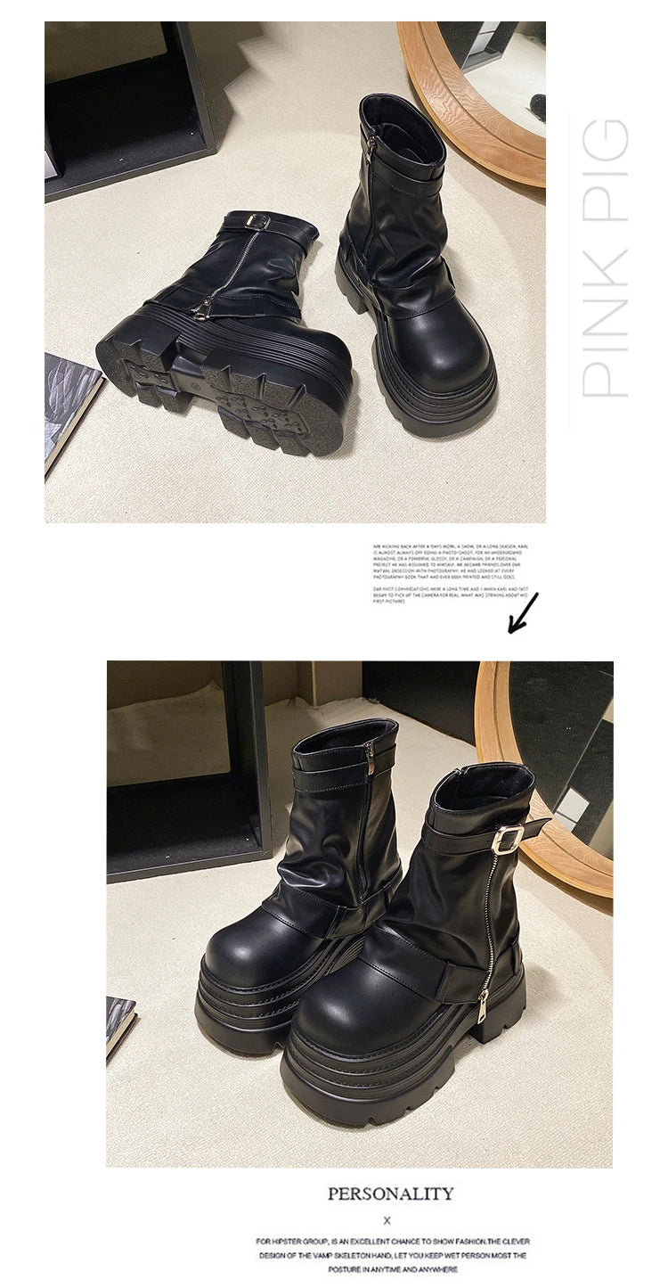 Women's Autumn Winter Leather Ankle Boots 10CM Heels Chunky Platform Combat Boots New Non Slip Motorcycle Shoes Woman Punk Boots