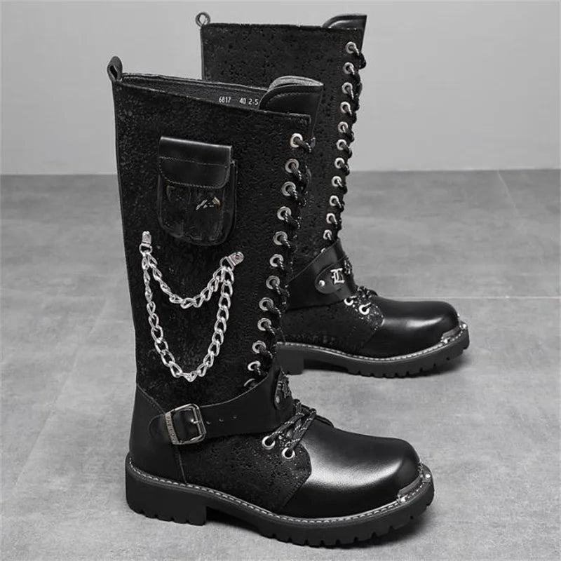 Men Motorcycle Boots Mid-calf Breathable Combat Boots Gothic Belt Punk Boots Men Shoes Hightop Casual  Metal toe boots 38-46