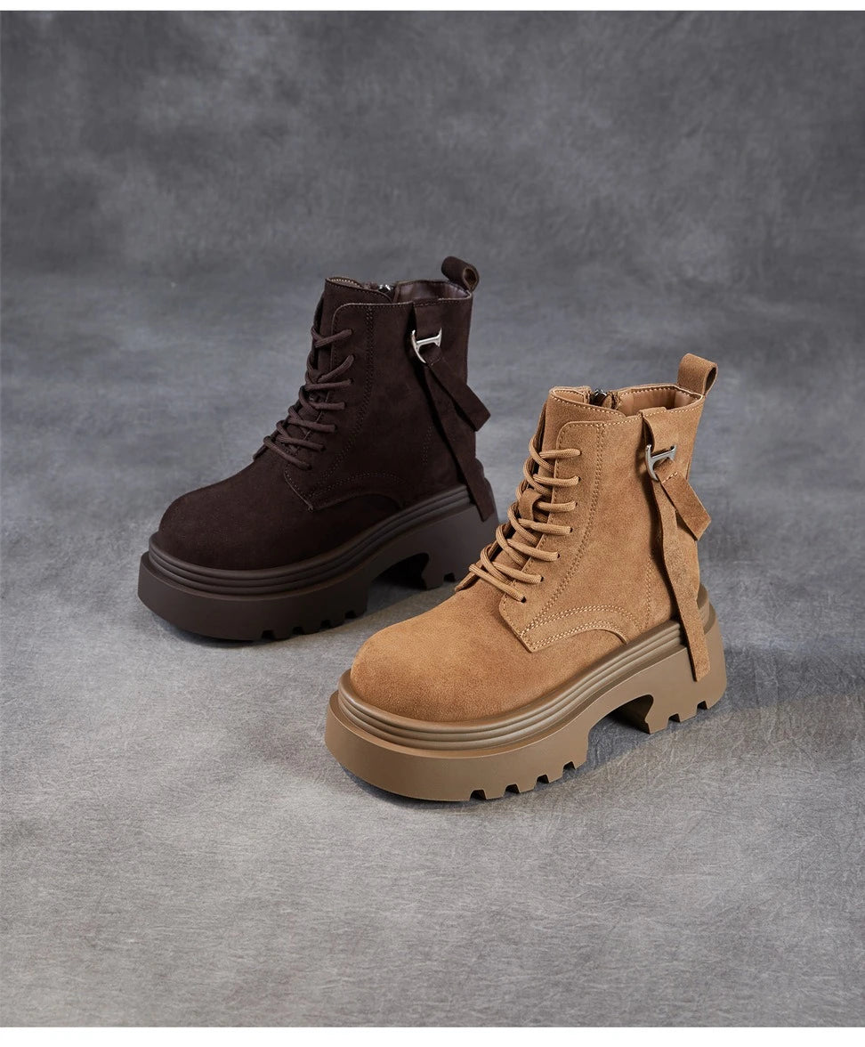 6.5cm Cow Suede Genuine Leather Women Booties Elthnic Pumps Comfy Ankle Knee High Spring Motorcycle Shoes Flats Platform Wedge