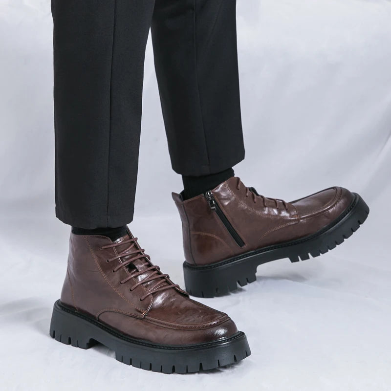 Fashion Men's Genuine Leather Casual Shoes Classic Outdoor Workwear Shoes Men's Motorcycle Boots Handsome Height Increasing