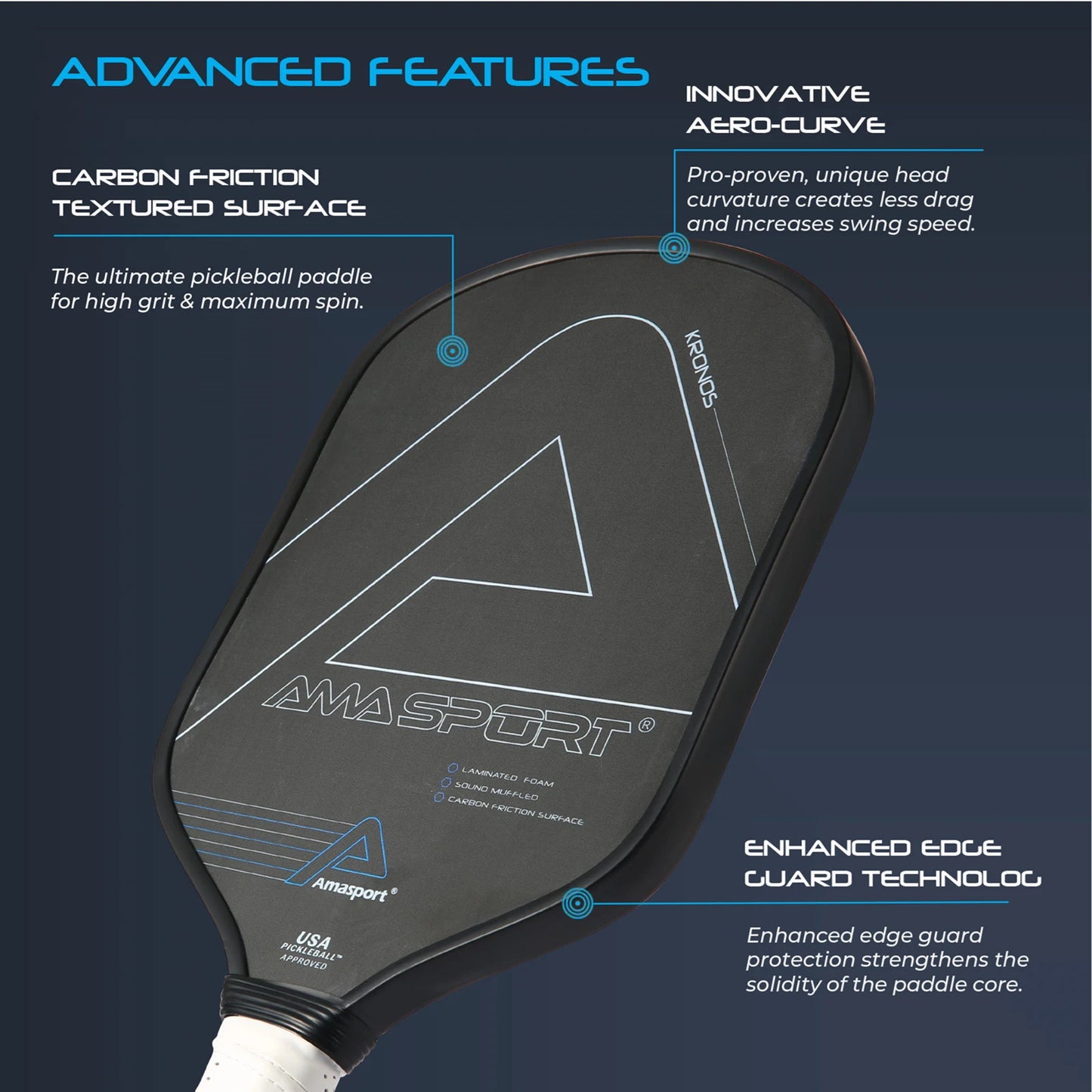 AMASPORT PA016 Pickleball Paddle Racket Carbon Fiber Surface PP Honeycomb Core Enhancing Spin and Contro for Professionals