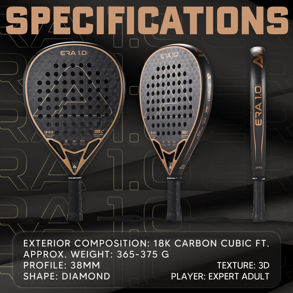 AMASPORT 18K Padel Racket The Era Cubic Series Diamond Shape & Inteliigence Rebound Cork Provides A Great Hitting Experience