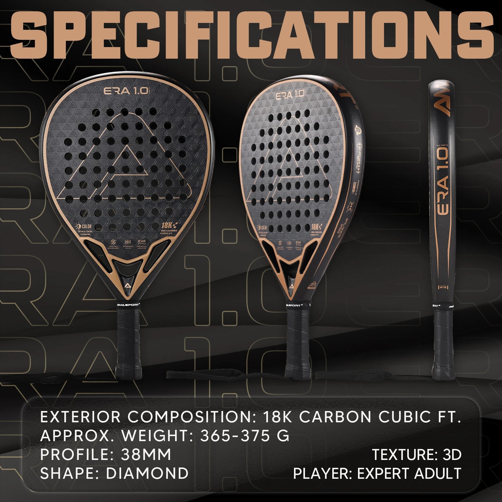 AMASPORT 18K Padel Racket The Era Cubic Series Diamond Shape & Inteliigence Rebound Cork Provides A Great Hitting Experience