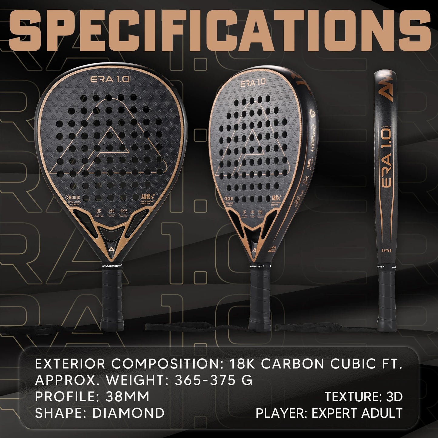 AMASPORT Padel Racket Cubic 18k/Ti Carbon 3D-Textured Surface Padel Tennis Racquets for High-level Players