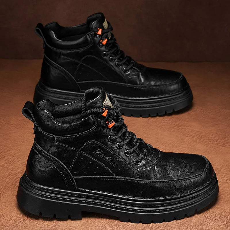 COZOK Men's Shoes Genuine Leather High Top Shoes Male Comfortable Sneakers Motorcycle Boots Male Lace-Up Winter Plush Snow Boots