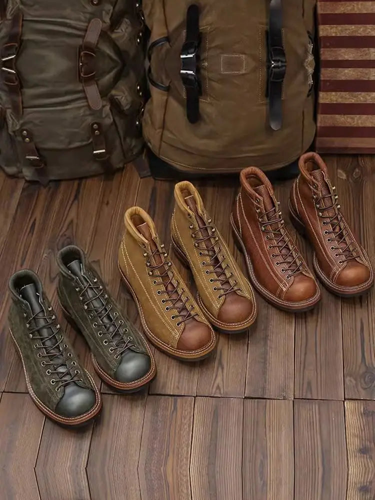 KOWM cowhide Hiking shoes men's trekking boot British ankle casual sneakers trekking shoes thick soled high top motorcycle boots