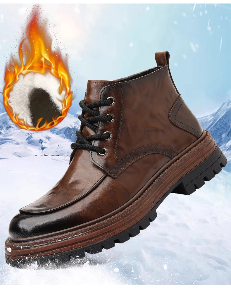 Outdoor Men High Top Leather Shoes Classic Black Leather Boots Motorcycle Breathable Riding Mid-calf Ankle Boots Warm Work Shoes