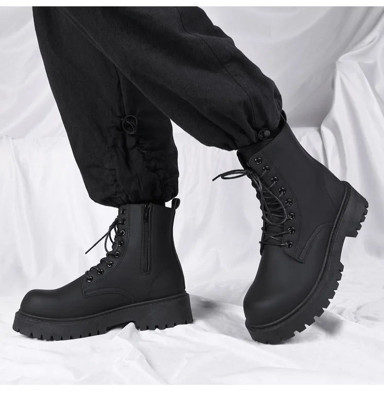 Black Leather Boots for Men High Top Platform Lace Up Light Fashion Motorcycle Boots British Style Men's Waterproof Casual Boots