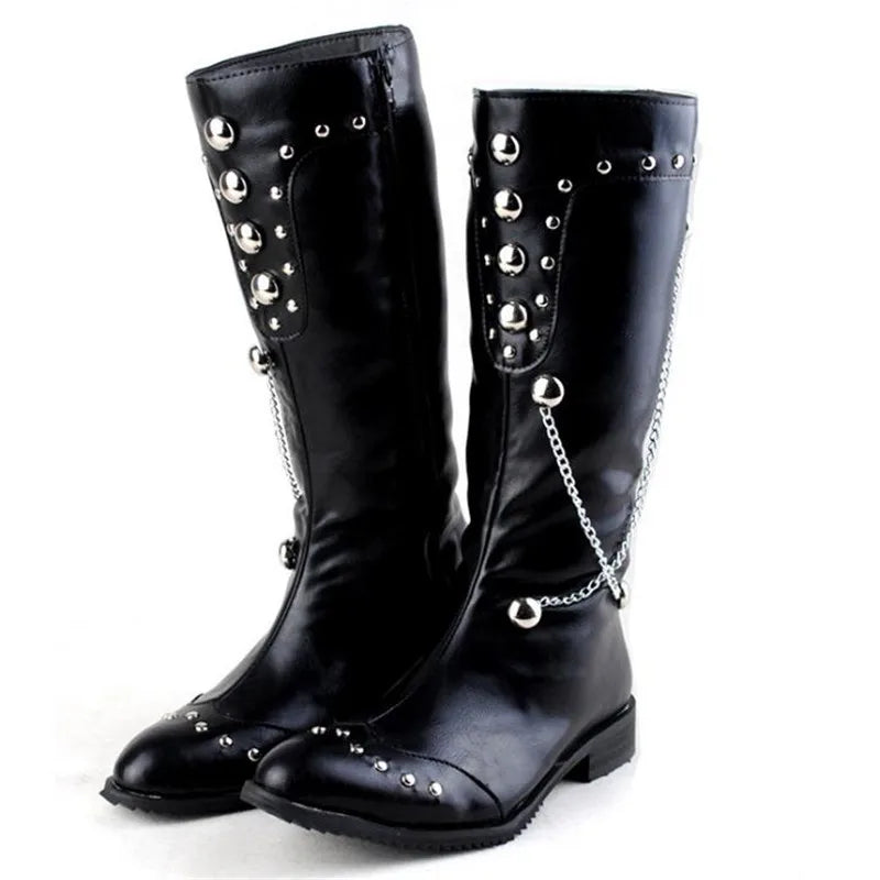 Men Motorcycle Leather Boots,Black Fashion Stage Boots Punk Over Knee High Boots Waterproof Snow Boots Equestrian Gothic Boots