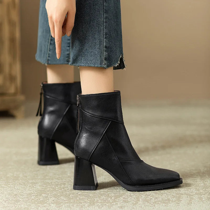 Woman Chunky Ankle Boots Women Zipper Retro Brown Soft Leather Short Boot Autumn New Square Toe Casual High Heel Booties Mujer