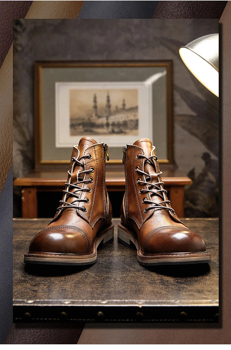 EU Size 38-44 Motorcycle Boots Men Cowhide Motorbike Ankle Boots Thick Soled High Top Western Work Boots Fashion Leather Shoes