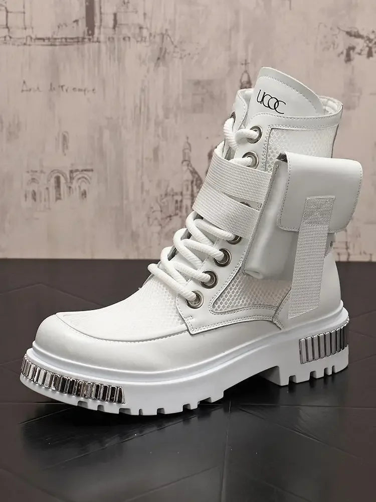 2025 New Men's Thin High-Top New Mid-Calf Motorcycle Height Increasing Insole Summer Ankle Boots Hollow out