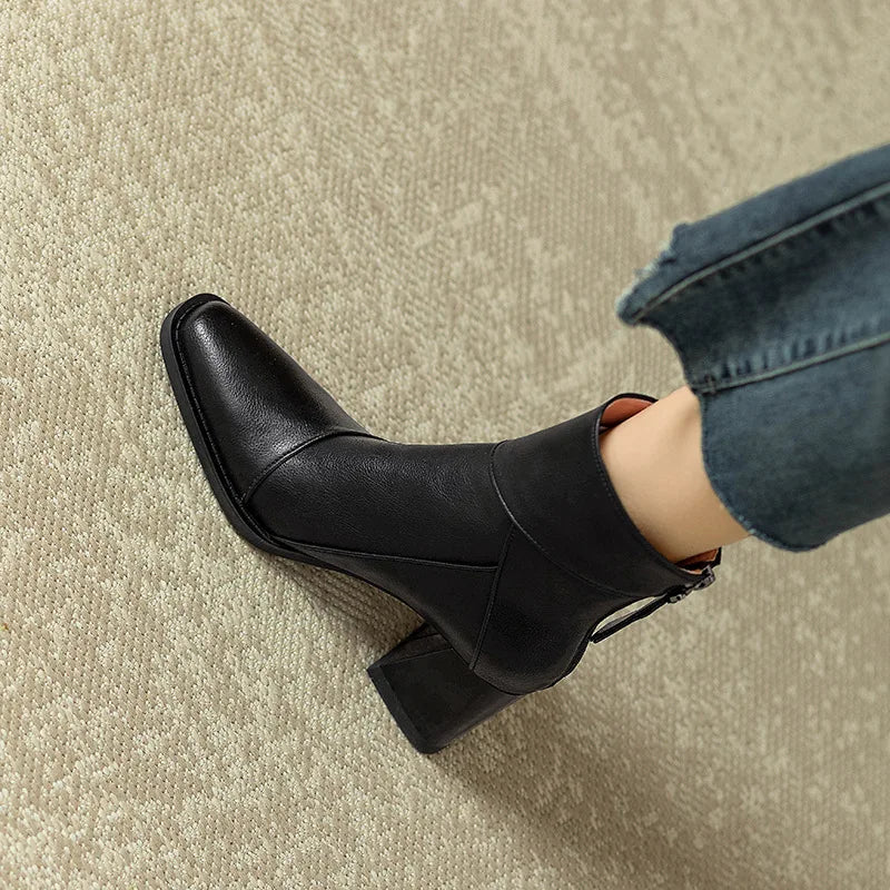 Woman Chunky Ankle Boots Women Zipper Retro Brown Soft Leather Short Boot Autumn New Square Toe Casual High Heel Booties Mujer