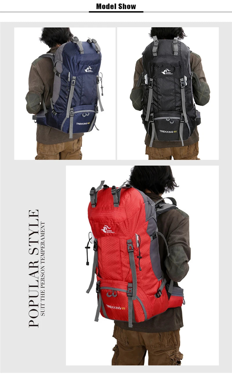60L Camping Hiking Backpacks Men Outdoor Tourist Backpacks Nylon Sport Bag for Climbing Travelling with Rain Cover Free Knight