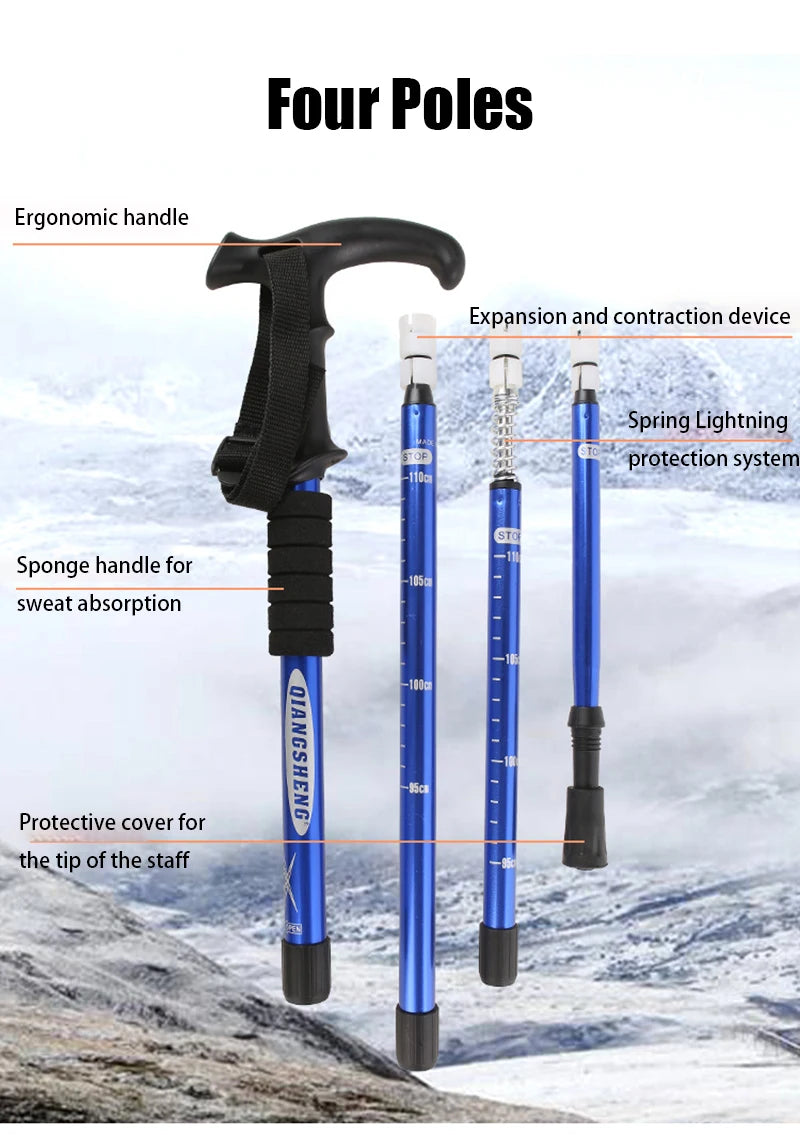 Four-section T-handle Trekking Pole Outdoor Travel Cane Climbing  Pole Aluminum Alloy Telescopic Pole Hiking Walking Stick
