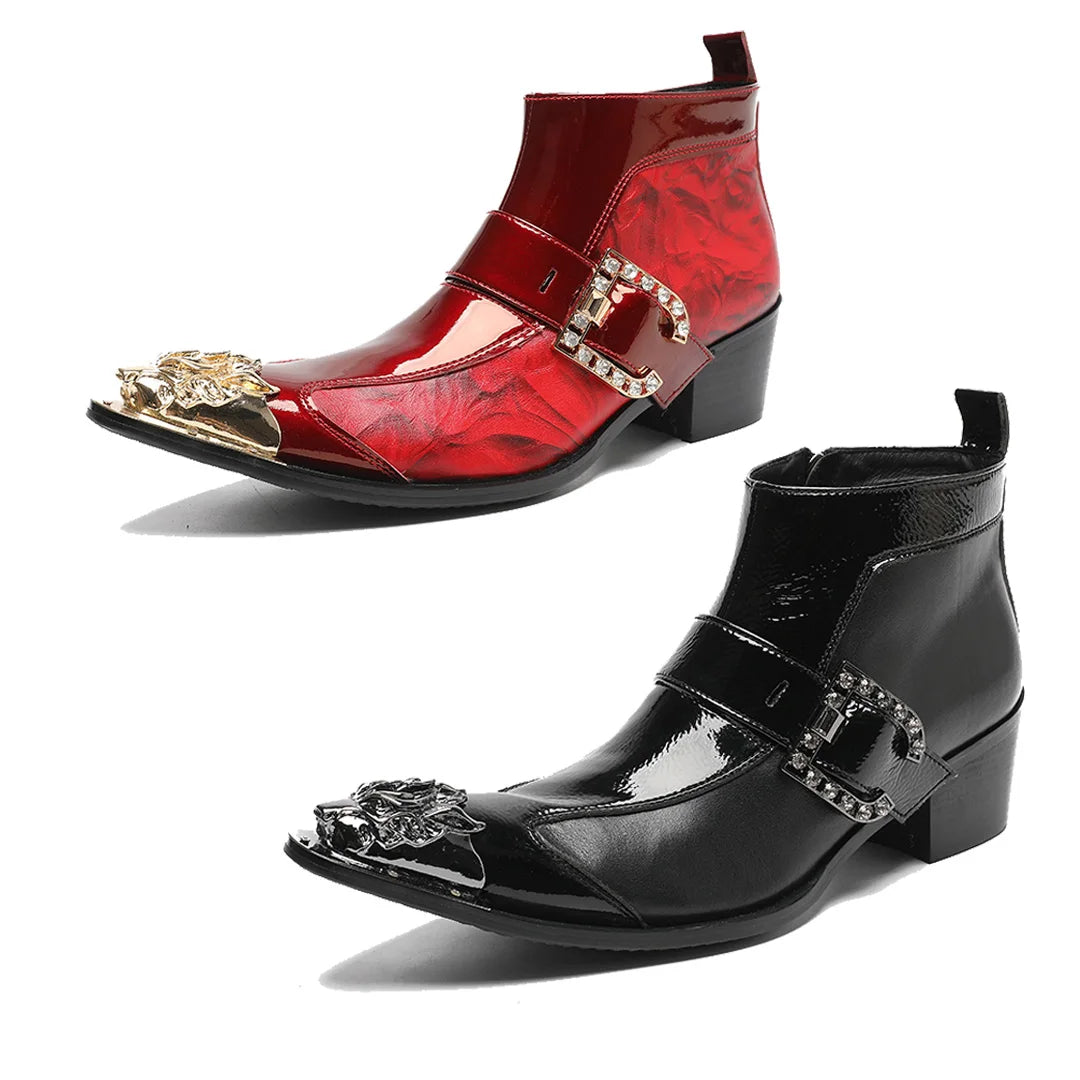 Spring Men's Boots Red Studded Pointed Leather Boots  Model Social Height Increasing  Patent Leather High-heeled Men's Boots