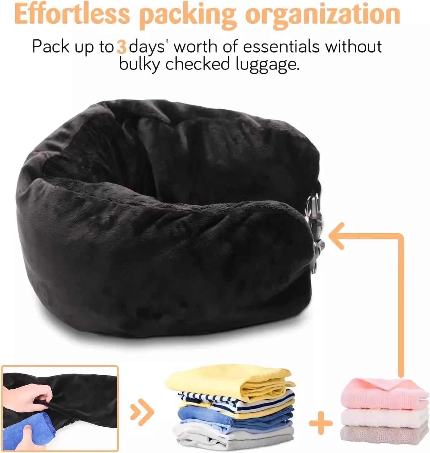 Travel Neck Pillow with Fillable Clothing U-Shaped Pillowcase, Extra Storage Bag, Velvet Neck Pillow Cover for Airplane Travel