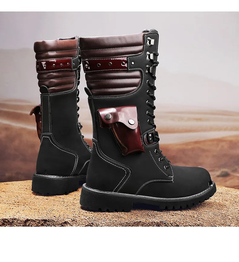 Men Motorcycle Boots Fashion Mid-Calf Punk Rock Punk PU Leather Black High Top Mens Casual Boot Steel Toe Shoes Big Size 38-46