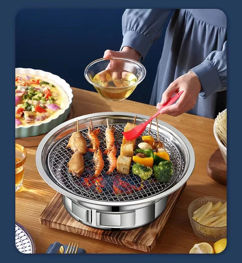 Stainless Steel Korean Barbecue Grill Round Household Commercial Camping Party Charcoal Grill Portable Charcoal Barbecue Grill