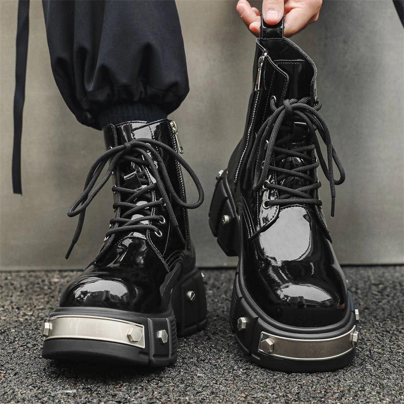 men's casual punk goth dress patent leather boots brand designer shoes cowboy platform boot cool long motorcycle botas masculina