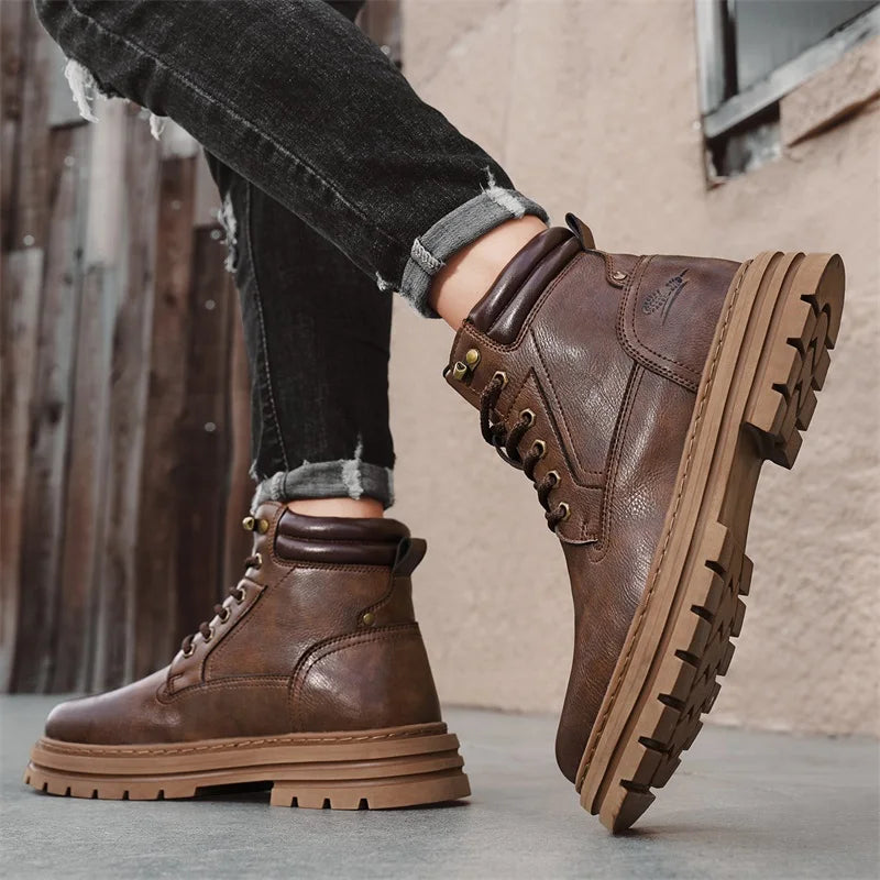 New Autumn Winter Men High Top Shoes Fashion Motorcycle Boots Outdoor Leisure Ankle Boots Comfortable Man Lace-Up Botas Sneakers