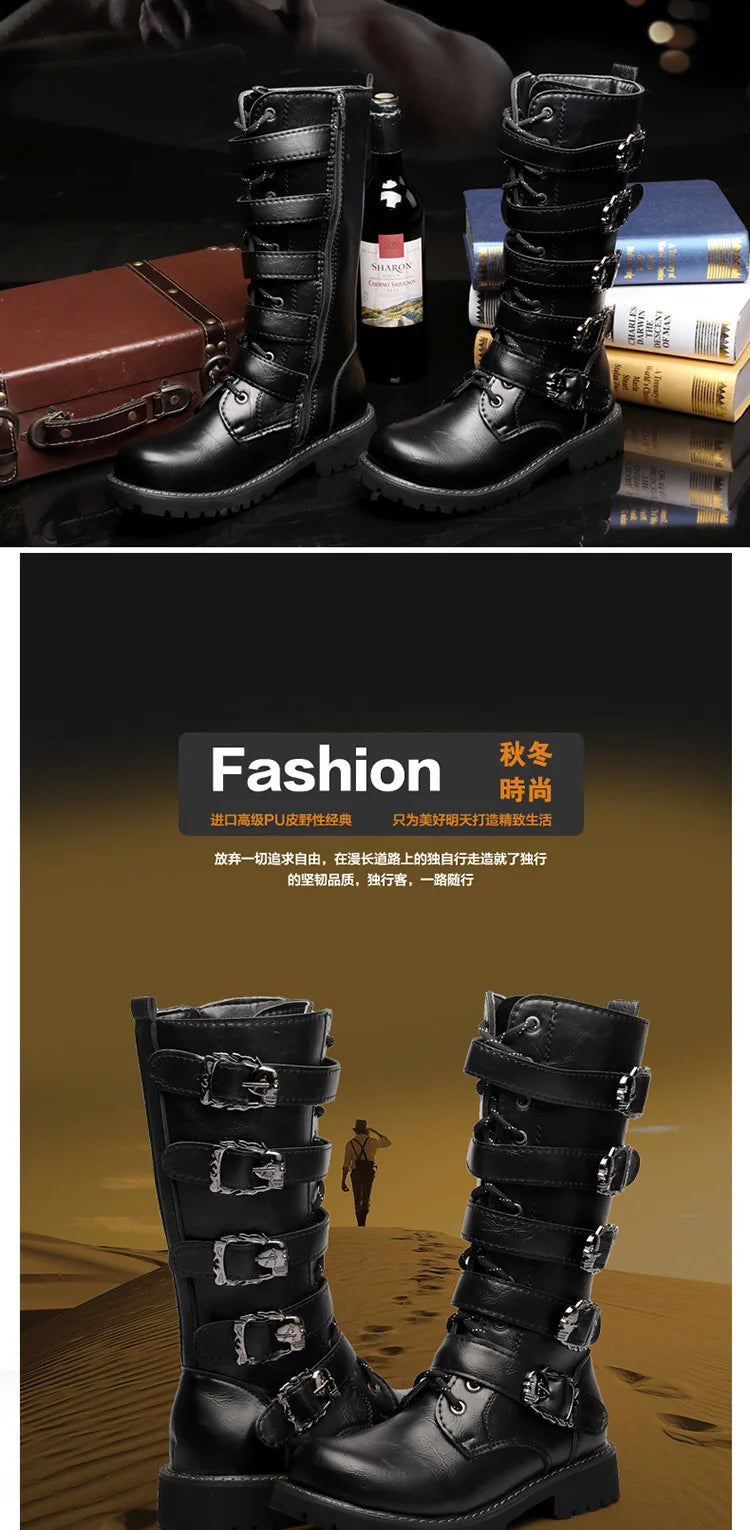 Men Winter Motorcycle Boots Mid-Calf Punk Rock Punk Shoes Mens PU Leather Black High Top Casual Boot Man Motorcycle Boots