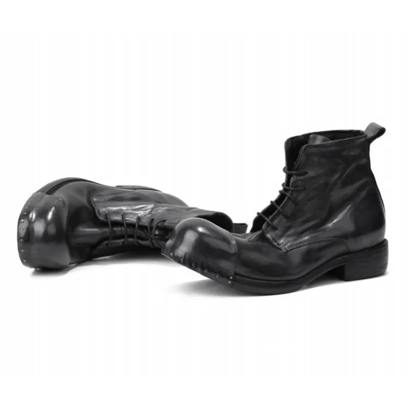 Retro Horsehide Genuine Leather Mens Boots Handmade Lace Up High Top Work Cargo Shoes High Quality Motorcycle Short Boots Male