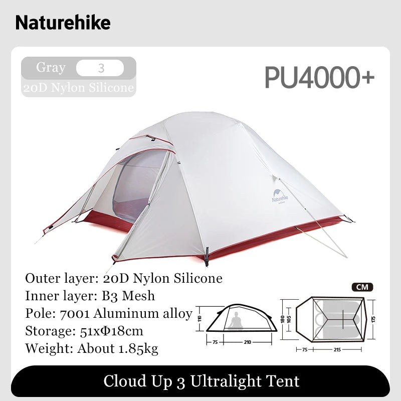 Naturehike Outdoor Upgrade Cloud Up 2 3 Person Tent 20D Nylon Silicone Double Layer Aluminum Pole Ultralight Camping Hiking Tent
