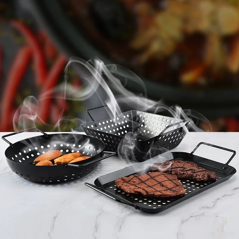 Stainless Steel Barbecue Grill Basket With Perforated Drain Basket Non-Stick Charcoal Plate Camping Portable BBQ Accessories