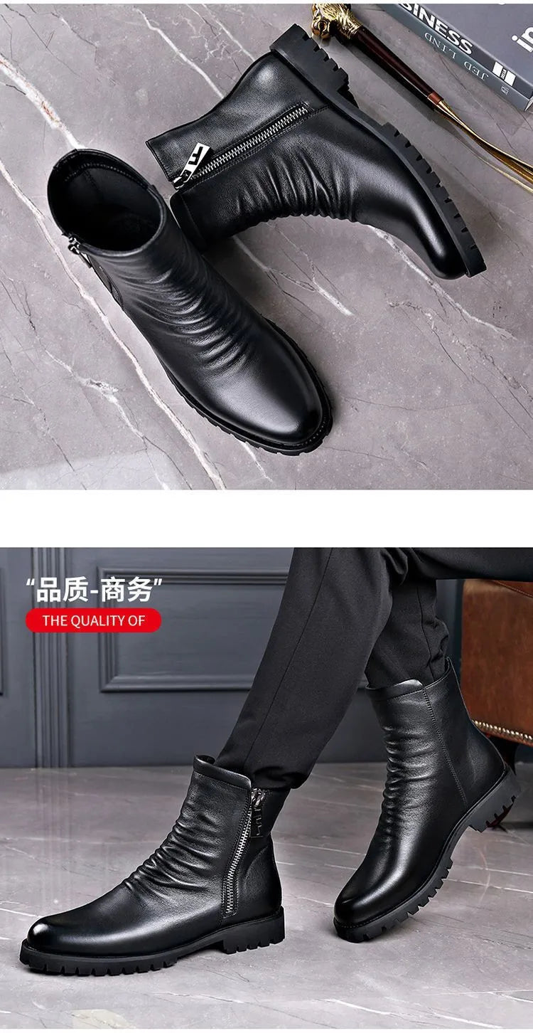 Ankle Boots Mens Split Soft Leather Mid Top Winter Vintage Plush Warm Soft Leather High Top British Side Zipper Chelsea Boots