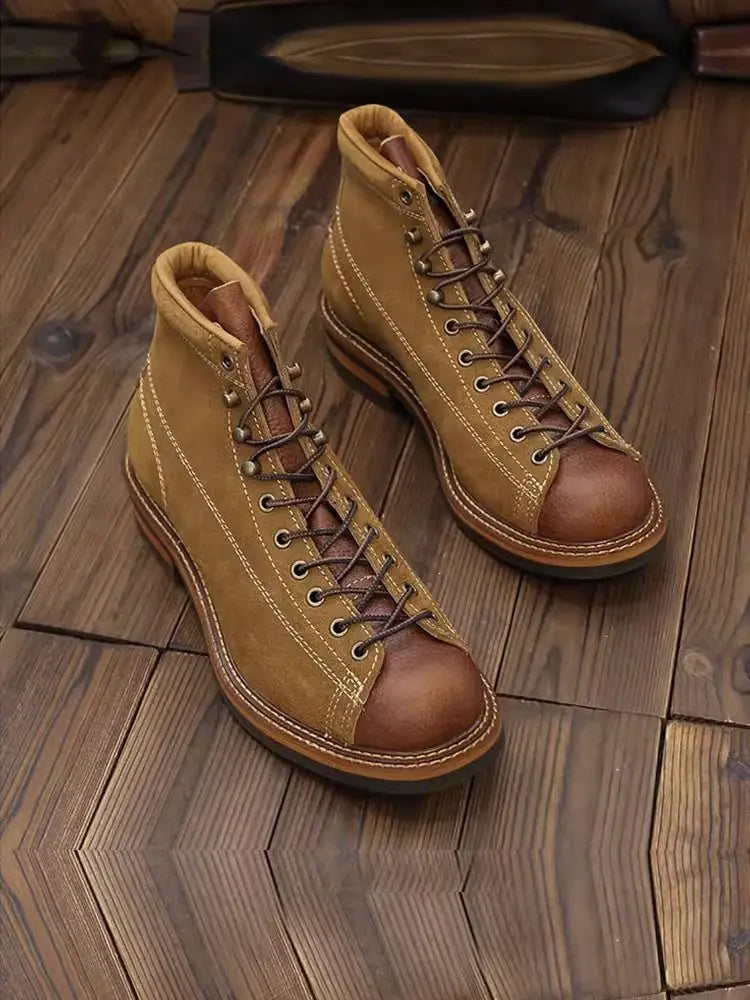 KOWM cowhide Hiking shoes men's trekking boot British ankle casual sneakers trekking shoes thick soled high top motorcycle boots