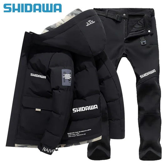 New Men suit Autumn Winter Warm Fishing Clothes Set Casual Thickened Hooded Down Cotton Jacket + Fleece Waterproof Fishing Pants