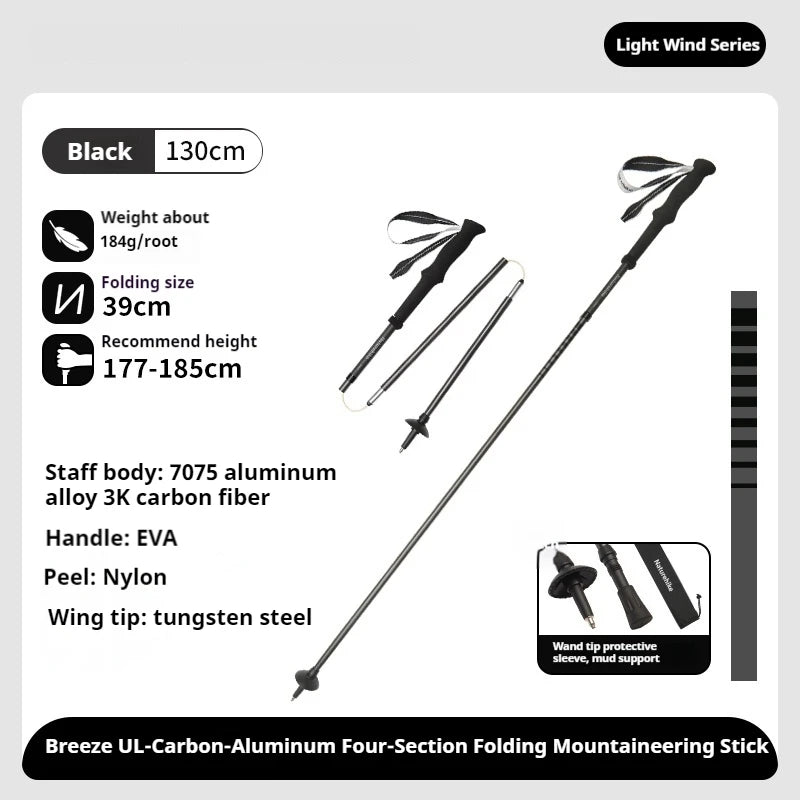 Naturehike Outdoor Alpenstock Carbon 4-sections Foldable Aluminum Alloy Ultralight Trekking Pole Adjustable Hiking Walking Stick