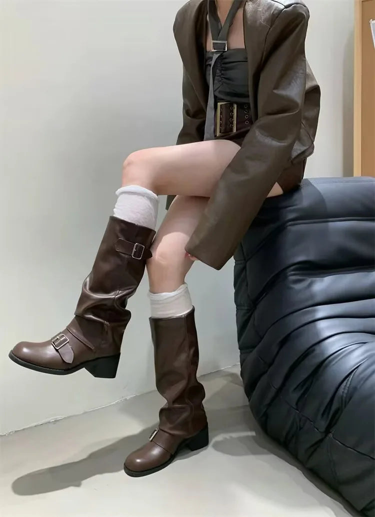 Rock Women Boots Punk Ladies Shoes Women Buckle Knight Boots Motorcycles Boots Woman Slip-On Thick Heel Riding Botas Mujer 2024