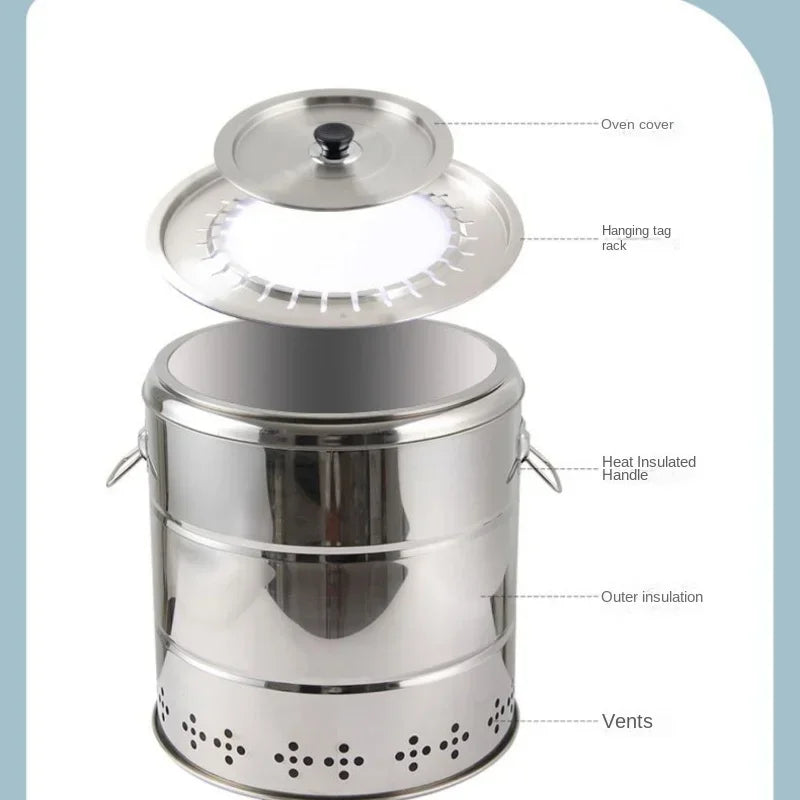 Smokeless Barrel BBQ Grill, Charcoal Rotisserie for Home, Commercial, Outdoor Meat Skewer, Portable Roaster