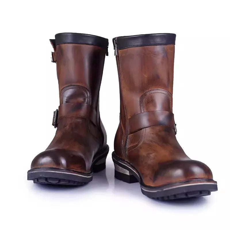 Vintage Mens Cowhide Genuine Leather High Top Engineer Boots Buckle Round Toe Motorcycle Riding Boots Zipper Work Safety Shoes