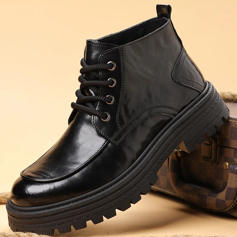 Outdoor Men High Top Leather Shoes Classic Black Leather Boots Motorcycle Breathable Riding Mid-calf Ankle Boots Warm Work Shoes