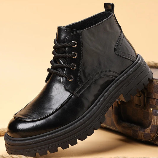Outdoor Men High Top Leather Shoes Classic Black Leather Boots Motorcycle Breathable Riding Mid-calf Ankle Boots Warm Work Shoes